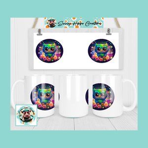 Ceramic Coffee Mug Neon Owl Colorful Flowers 15oz Hand Sublimated Sassy Hippo